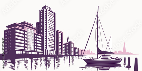  Harbor Skyline with Gradient Reflections Flat Vector 