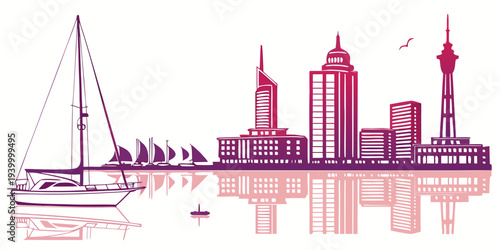  Harbor Skyline with Gradient Reflections Flat Vector 