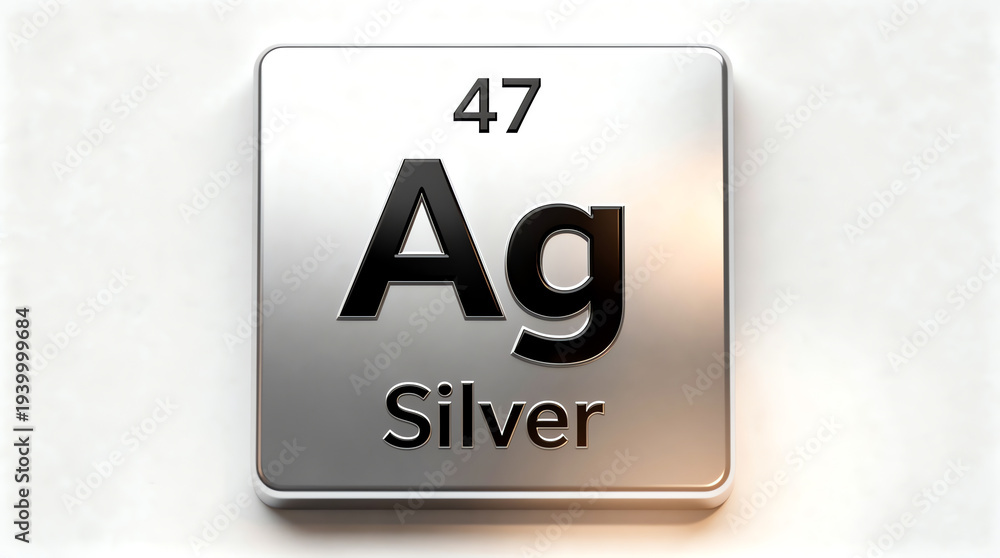 Naklejka premium Silver element tile with atomic number 47 and symbol Ag displayed on a shiny metallic square background, representing the periodic table of elements
