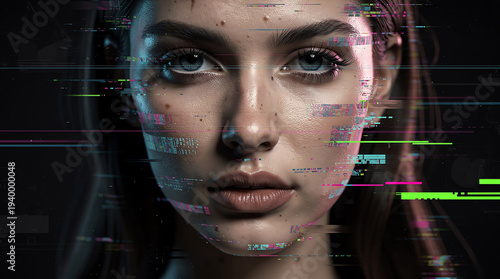 Close-up of a woman's face with digital glitch effects, blending human features with futuristic cyber elements against a dark background