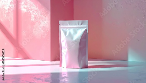 Shiny Pouch Object Stands Alone in Softly Lit Pink Minimalist Studio Space