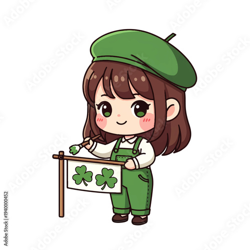 Cute chibi artist girl painting shamrocks for saint patricks day isolated on white background