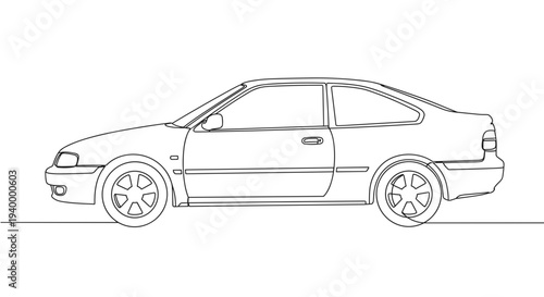 Linear style illustration of a sedan car with detailed wheels and body profile, isolated on a transparent background