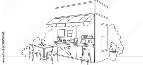 Linear style illustration of a small food stall with tables and chairs, outdoor setting, simple design, on a transparent background