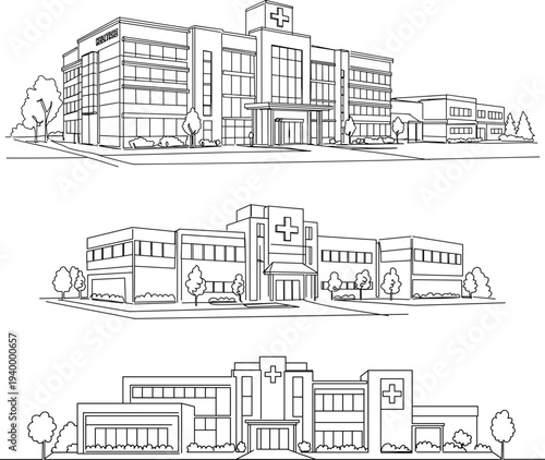 Linear style illustration of hospital buildings with modern architecture and trees on a transparent background