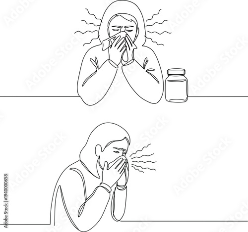 Linear style illustration of a person feeling unwell while covering their face with hands in an indoor setting on a transparent background