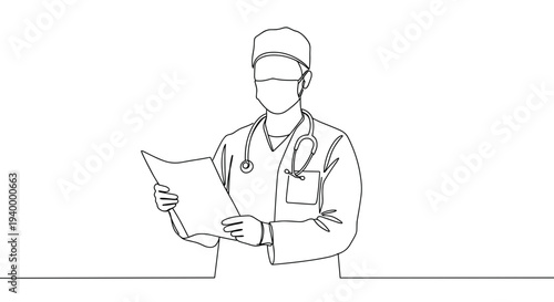 Linear style illustration of a doctor holding a medical report in a clinic, wearing a coat and cap, on a transparent background