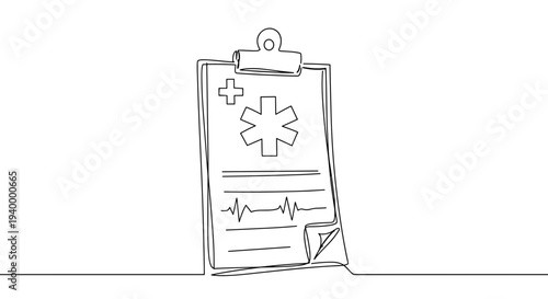 Linear style illustration of a clipboard with a snowflake symbol and written notes on a transparent background