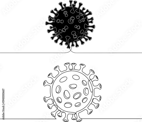 Linear style illustration of a coronavirus cell on a transparent background with detail showing spikes and texture in simplistic graphic design
