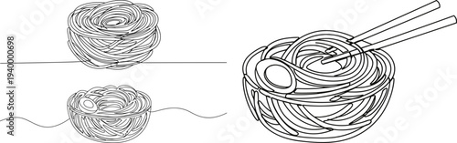 Linear style illustration of two bowls of noodles with chopsticks on a transparent background depicting various shapes and styles of pasta ingredients