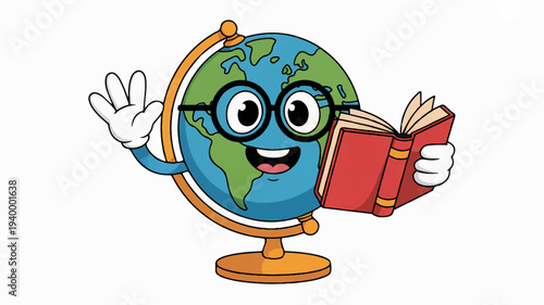 Happy educational globe mascot with glasses holding book waving hand