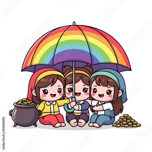 Three cute anime girls sharing a rainbow umbrella with a pot of gold and coins