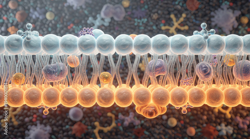 3D illustration of a cell membrane showing a bilayer of lipid molecules with embedded proteins and molecules, highlighting cellular structure and molecular interactions