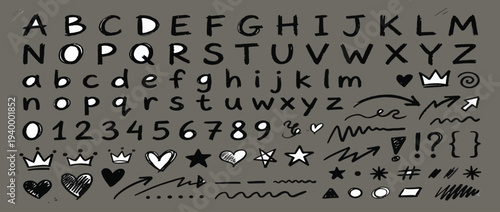 Black crayon scribbles, alphabet and numbers set. Charcoal scribble shapes and doodles, crown, hearts, pencil drawn bold arrows, emphasis shapes