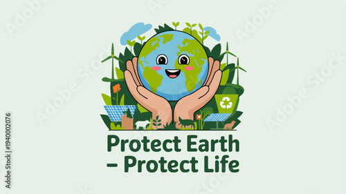 Vibrant vector illustration of smiling earth with hands surrounded by eco friendly icons and green leaves on a light background promoting environmental