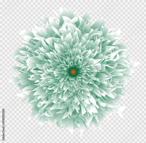 Abstract green and white floral explosion vector illustration with a vibrant red center, perfect for modern design, backgrounds, and decorative elements.