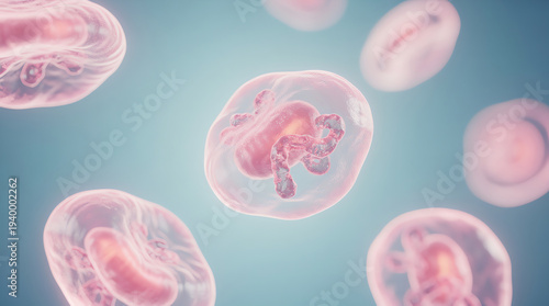 Microscopic view of translucent pink cells with visible internal structures floating in a soft blue environment, illustrating biological or cellular processes