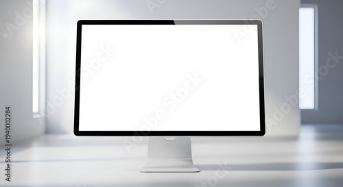 Modern Desktop Computer with Large Blank Screen in Bright Minimal Office