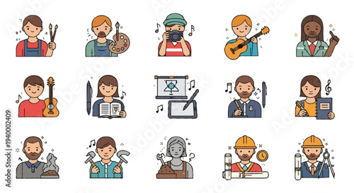 Collection of flat character icons representing various professions and creative hobbies, including artist, photographer, musician, and architect.