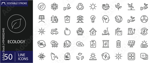 Ecology icons set. Includes symbols of nature, ecosystems, plants, wildlife, recycling, and environmental protection. Editable stroke. Vector illustration. Outline icons. Perfect for environment.