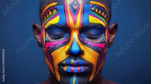 Striking closeup portrait showcases a man with intensely colorful and intricate abstract face paint design against a deep blue background