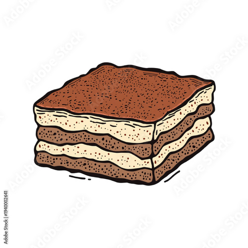 A detailed illustration of a square piece of tiramisu with layers of ladyfingers cream and cocoa powder on top on white background