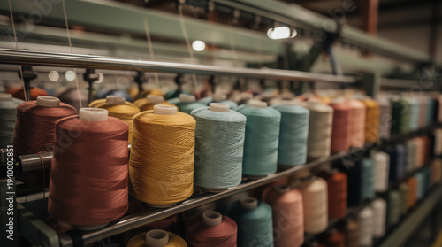 Rows of colorful spools of thread neatly arranged on a rack in a textile workshop, showcasing various shades and ready for use in sewing or embroidery projects