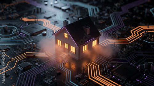 A small illuminated house sits atop a glowing, intricate circuit board, blending technology and home concepts in a futuristic digital landscape