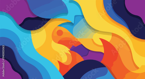 Colorful, abstract composition with layered waves and curves in vibrant hues