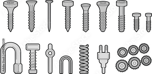 Collection of realistic metallic hardware icons featuring various steel screws, nails, bolts, industrial gears, heavy springs, and electrical plug symbols.