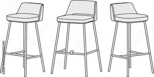 Modern bar stools collection, minimalist counter chairs with high legs and backrests, elegant kitchen interior furniture design vector line art.