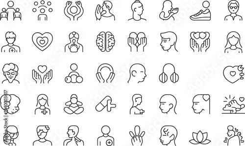 Mental Health and Wellness Icon Set with Symbols for Psychology Therapy Mindfulness Meditation Stress Management Brain Health and Emotional Balance