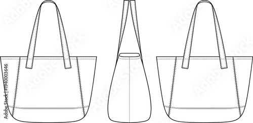 Tote bag technical drawing illustration, fashion design vector, product development artwork, structured handbag graphic, manufacturing blueprint icon