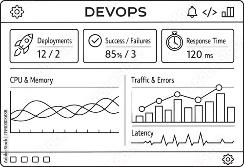 DevOps monitoring dashboard with graphs and charts for CPU memory traffic errors