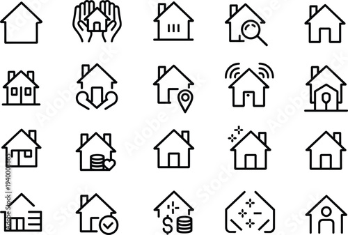 Real Estate and Home Service Icon Set Featuring Property Search Smart House Mortgage Planning Home Insurance Maintenance and Residential Building Symbols
