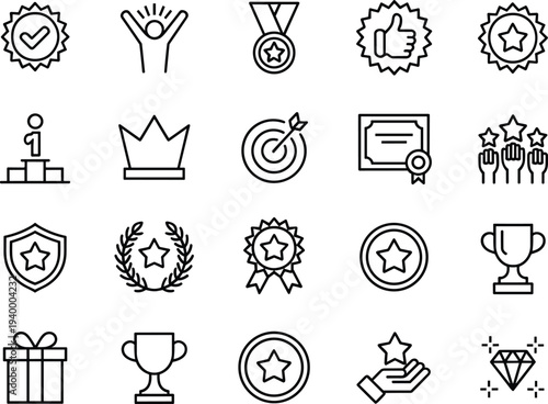 Vector line icons set for success achievement recognition featuring awards trophies medals quality badges certificate crown diamond goals and professional business excellence.