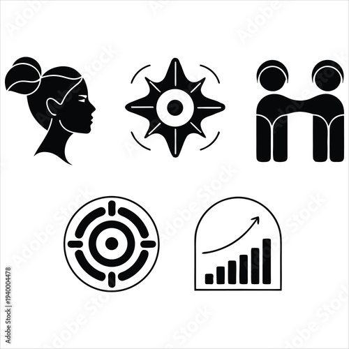 Cohesive set of black line icons representing women leadership and business growth.