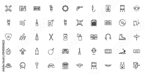 Rock concert icon set. Vector music symbols collection featuring skull, turntable, guitar, drums, headphones, microphone, vinyl, ticket and more. Editable thin line icons.