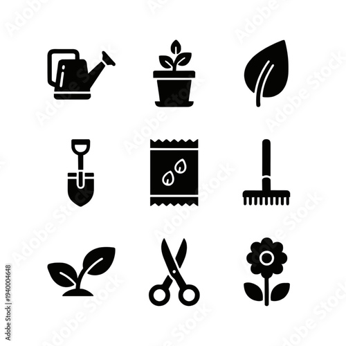 Collection of black gardening icons representing various tools and plants displayed on a simple background from a straightforward viewpoint