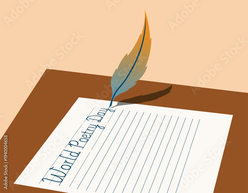 Vector art of a classic feather pen writing on lined paper to celebrate World Poetry Day. Ideal for poetry, literature, and creative writing projects