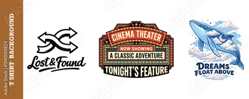 Vintageinspired tshirt design collection featuring a lost and found logo a classic cinema theater marquee and a whimsical whale illustration floating among clouds