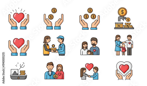 A set of colorful vector icons depicting charity and donation concepts