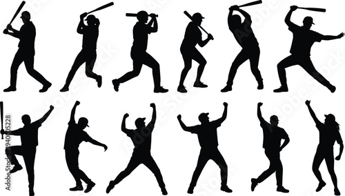 Silhouette baseball players in dynamic poses, batting and celebrating actions illustration, athletic figures concept for sports, fitness, competition, victory emotion, and creative design projects