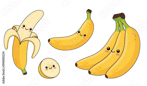 A vector illustration of smiling cartoon bananas in various poses