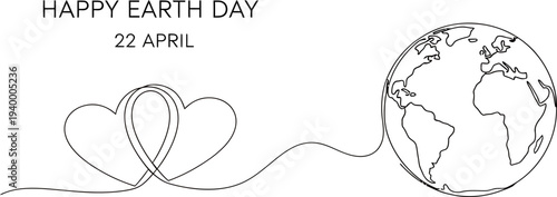 Happy Earth Day minimalist line art illustration with intertwined hearts and globe outline on white background