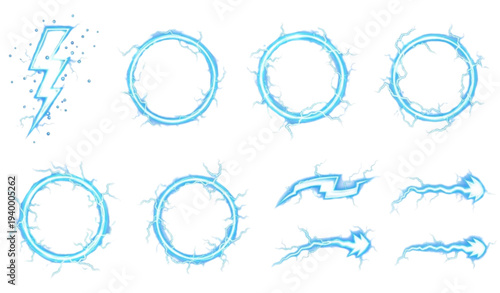 A set of blue electric lightning bolt vector graphics and circle illustrations