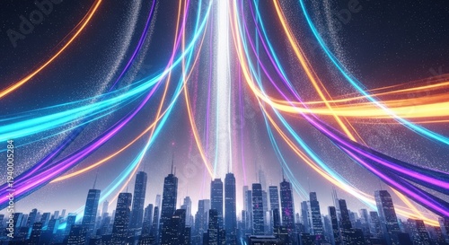 Futuristic cityscape with vibrant light trails representing data flow and connectivity over modern urban architecture at night.
