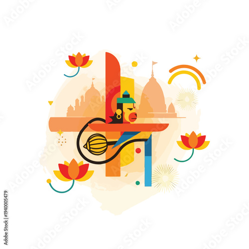 Colorful abstract illustration featuring a deity, lotus flowers, and buildings