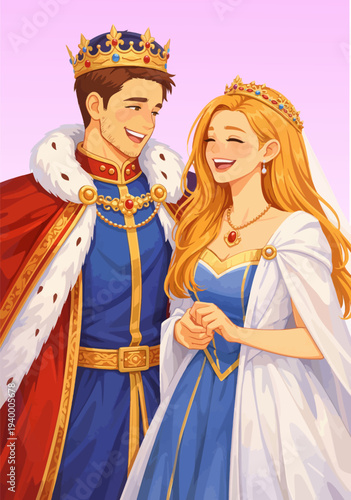 071-45-Smiling king and queen standing elegantly, celebrating their royal wedding