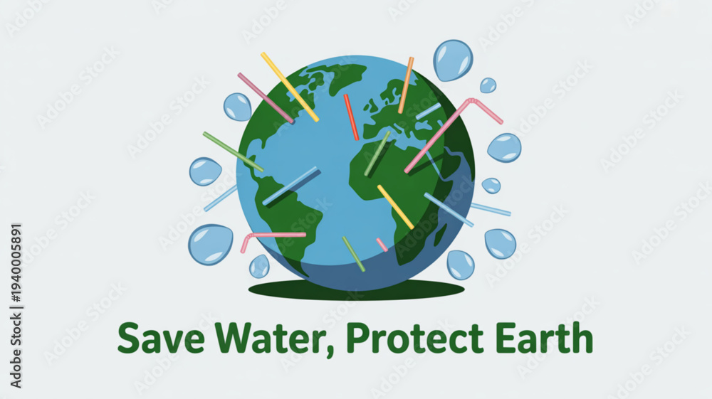 Obraz premium Earth with colorful lines and water droplets save water protect earth eco friendly message